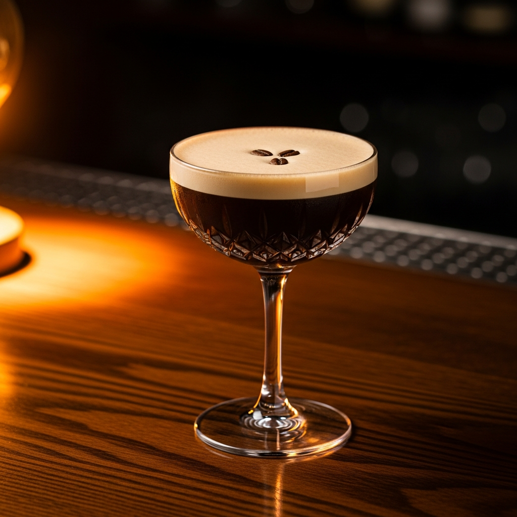 espresso martini cocktail in crystal glass on dark bar, warm amber light, elegant moody photography