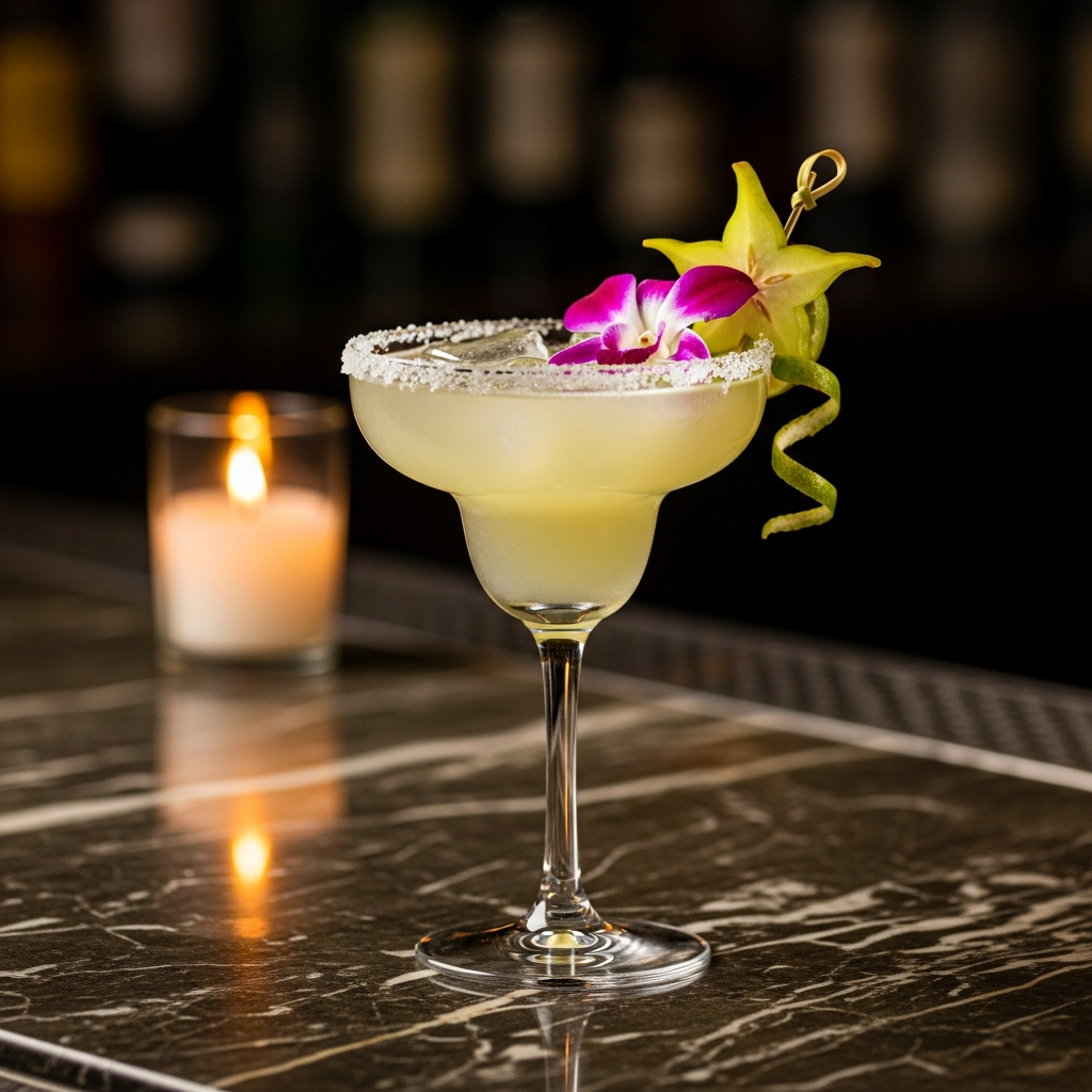 Elegant margarita cocktail with tropical garnish on dark marble bar, warm candlelight, shallow depth of field