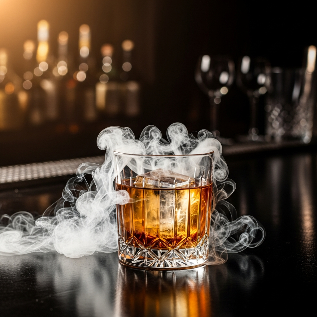 Smoked whisky cocktail with dramatic smoke wisps on dark bar counter, moody amber lighting