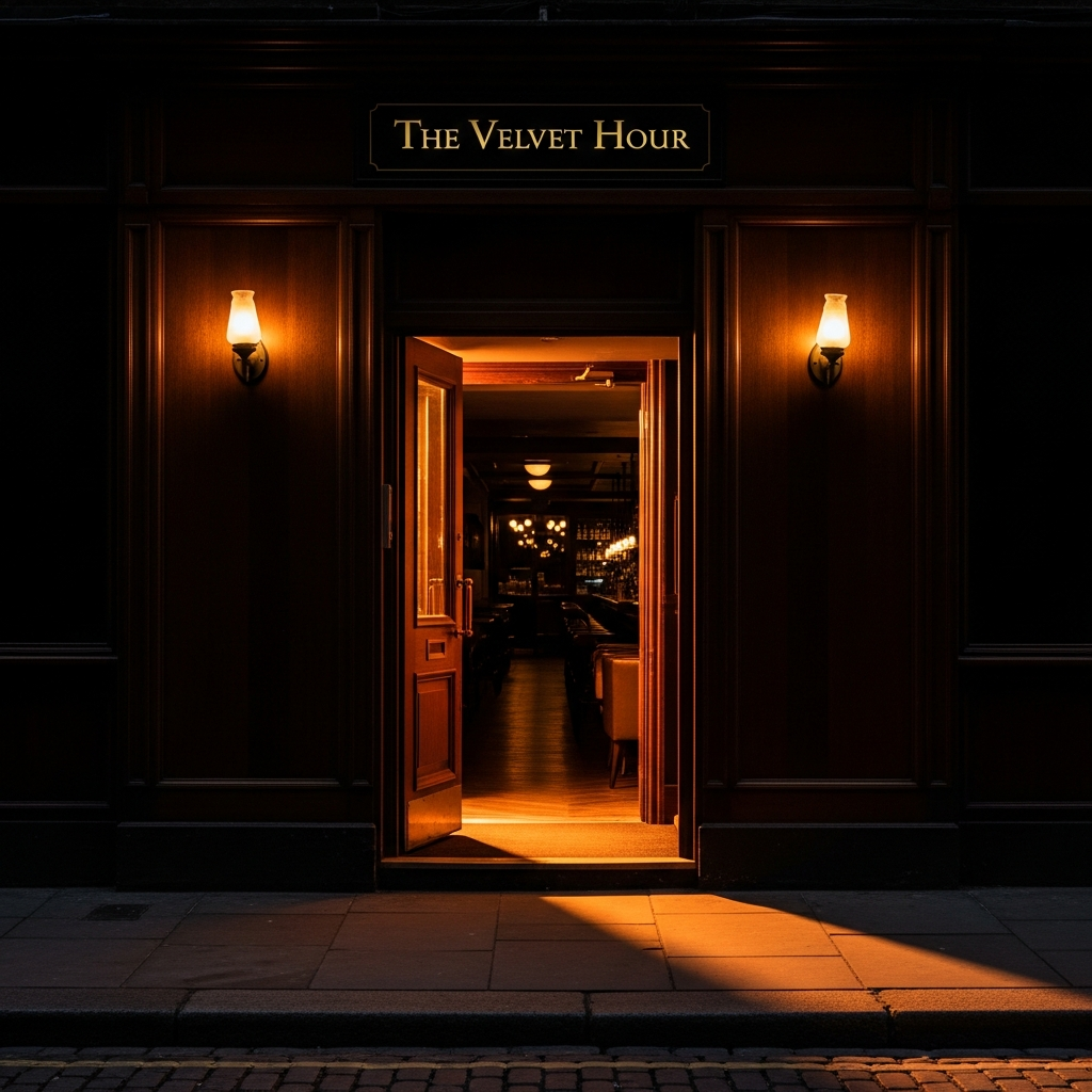 welcoming dark cocktail bar entrance with warm amber light spilling through doorway, moody and inviting, editorial photography style