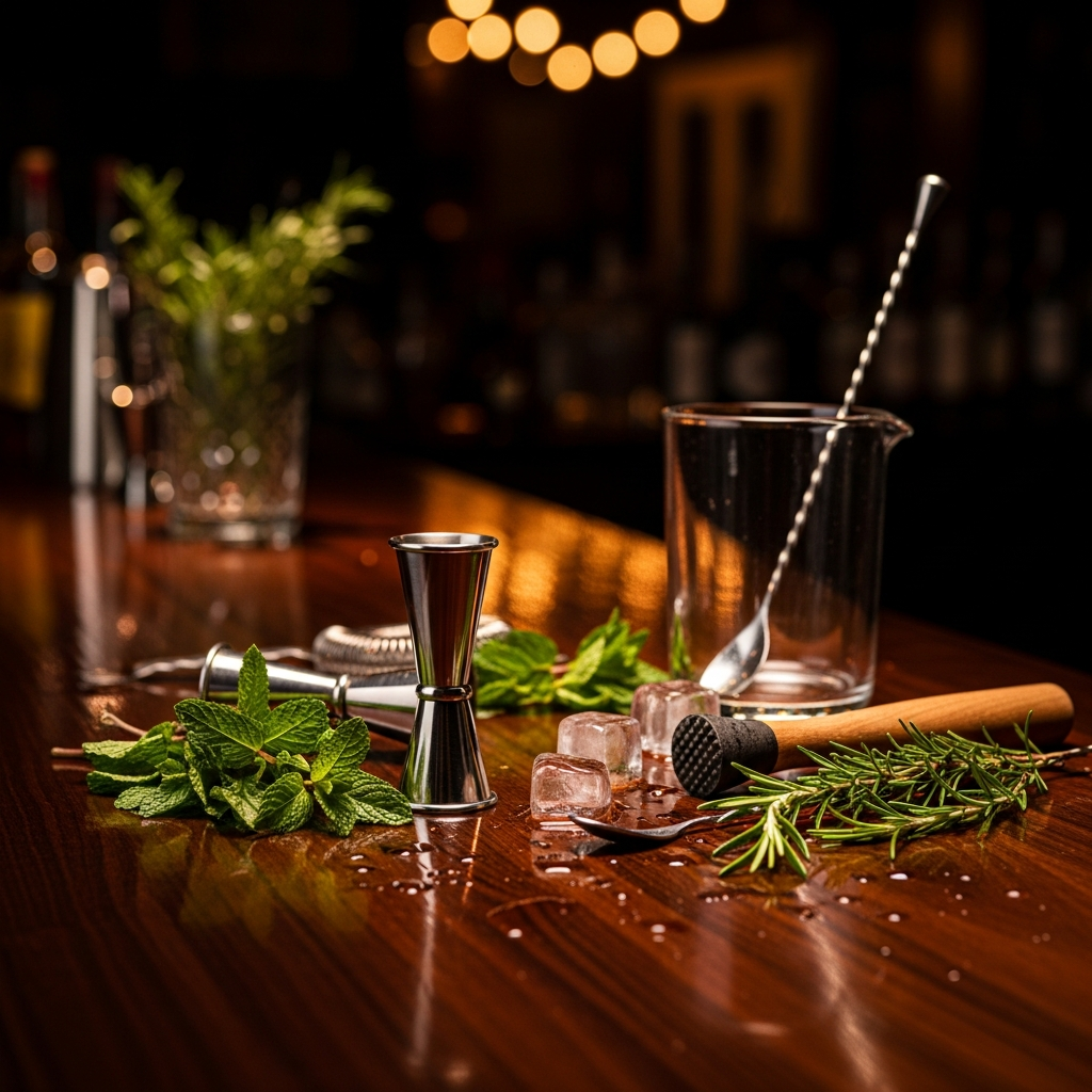 dimly lit cocktail bar counter with scattered bar tools, jigger, muddler and fresh herbs, dramatic low key lighting, warm amber tones